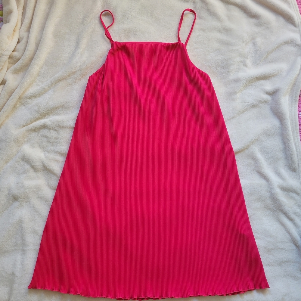 ZARA Pink Pleated Strappy Dress- Barbie Pink - Size Large - EUC!